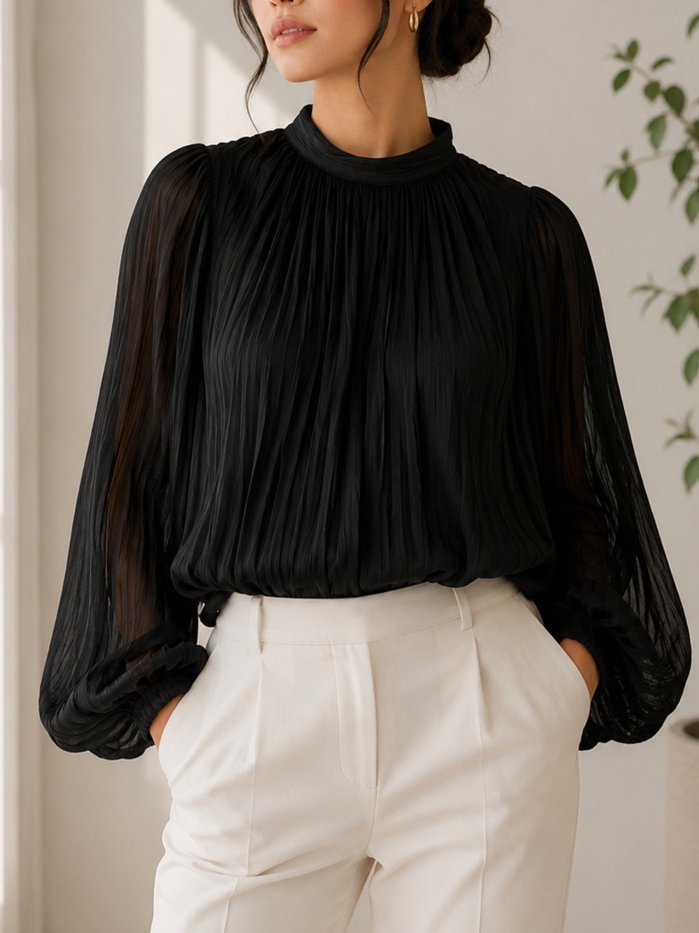 Amel Mode Paris Black Pleated Tie-Neck Blouse | Size M